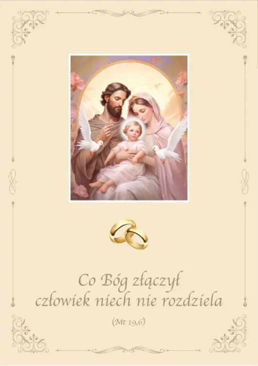 Beżowa teczka na ślub z obrazem Świętej Rodziny, złotymi obrączkami i cytatem "Co Bóg złączył", pakiet 10 sztuk.