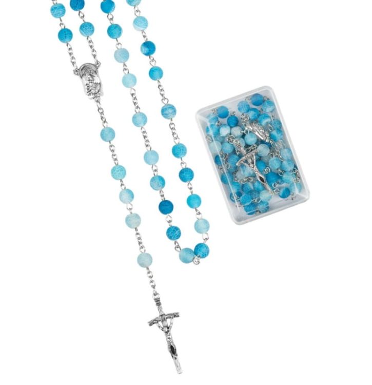 Różaniec z kamieni szlachetnych - agat mrożony niebieski jasny R472-16 piękne różańce na prezent