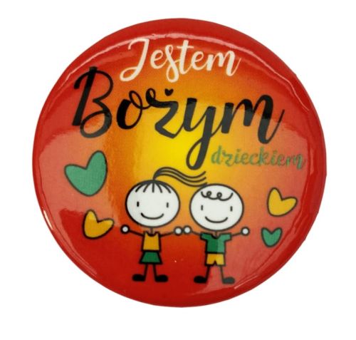 Sklep chrześcijański - gadżety upominki religijne - Button znaczek do przypięcia do koszulki lub plecaka "Jestem dzieckiem Bożym" MG-ZB-110