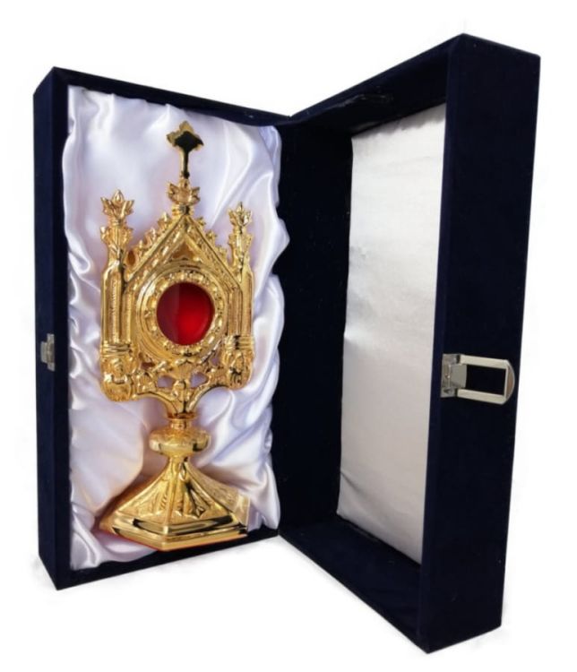 Sklep liturgiczny: Relikwiarz mosiężny złocony z futerałem MN 1002