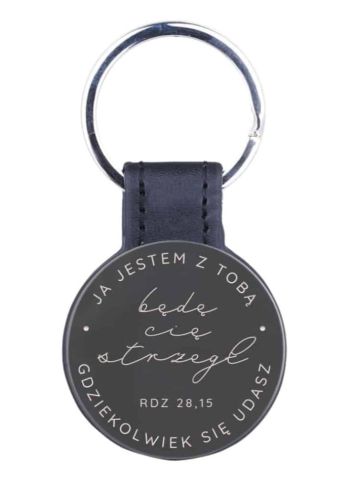 Brelok metal - skóra z biblijnym cytatem “Będę cię strzegł gdziekolwiek się udasz (Rdz 28,15) sklep chrześcijański