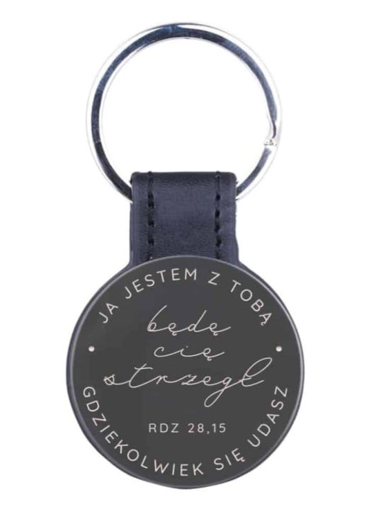 Brelok metal - skóra z biblijnym cytatem “Będę cię strzegł gdziekolwiek się udasz (Rdz 28,15) sklep chrześcijański