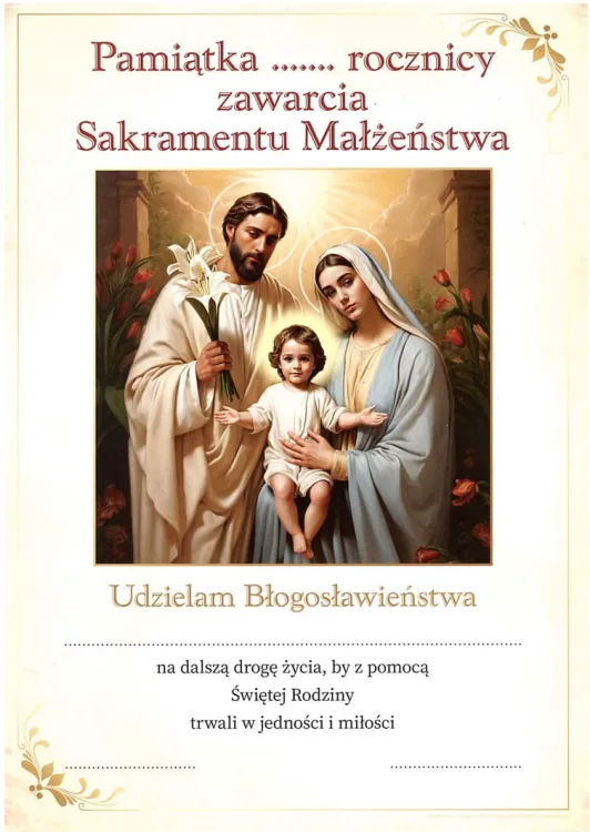 Dyplom z okazji jubileuszu Sakramentu Małżeństwa A4 [10 sztuk] drukarnia religijna - hurtownia