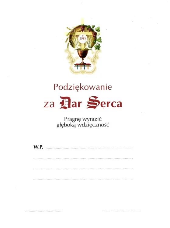 Dyplom "Podziękowanie za Dar Serca" z teczką w komplecie A4 wszystko do kancelarii parafialnej