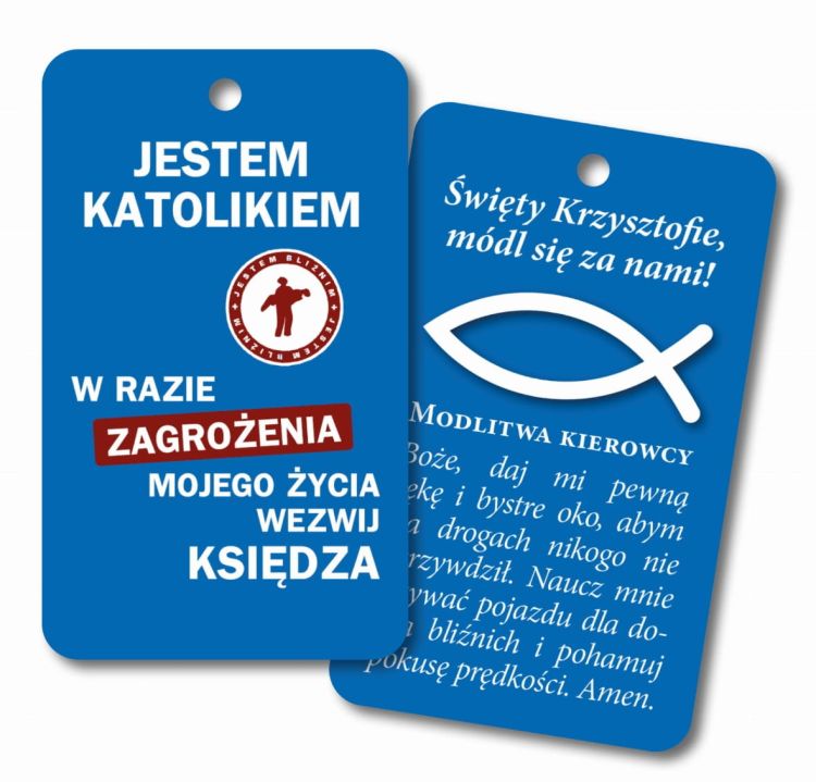 Zawieszka zapachowa do samochodu z napisem "JESTEM KATOLIKIEM" i modlitwą kierowcy księgarnia chrześcijańska