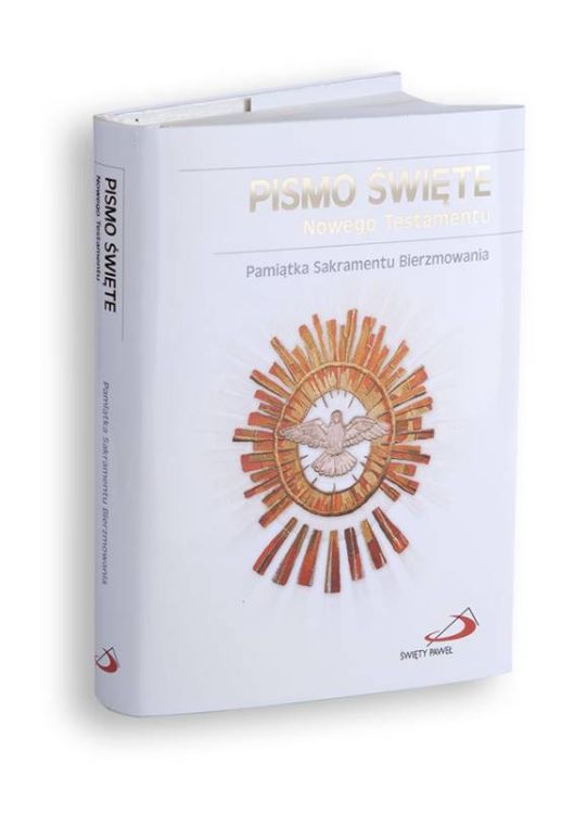 Białe wydanie Pisma Świętego z złotym napisem 'Pamiątka Sakramentu Bierzmowania' i symbolem Ducha Świętego