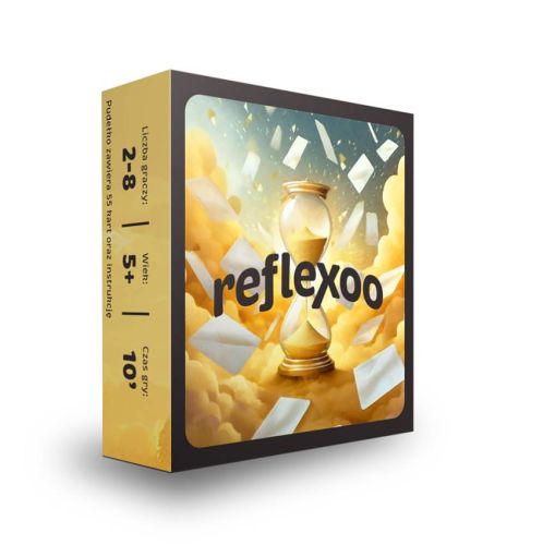 Pudełko gry Reflexoo z kolorowymi kartami przedstawiającymi chrześcijańskie symbole rozłożone wokół