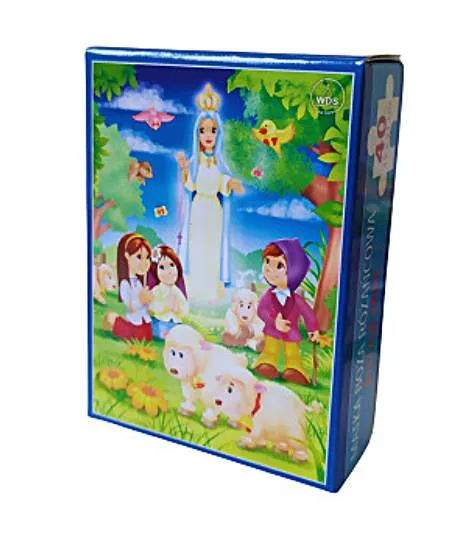 Puzzle Matka Boża Różańcowa w pudełku - 40 elementów - piękny obrazek o wymiarach 15 x 21 cm, przedstawiający Maryję otoczoną dziećmi i zwierzętami w rajskim ogrodzie.