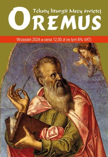 Okładka miesięcznika Oremus na wrzesień 2024, przedstawiająca obraz św. Mateusza Ewangelisty autorstwa Alvise Vivariniego. Widoczny starszy mężczyzna z długą białą brodą, ubrany w czerwony i zielony strój, trzymający księgę.