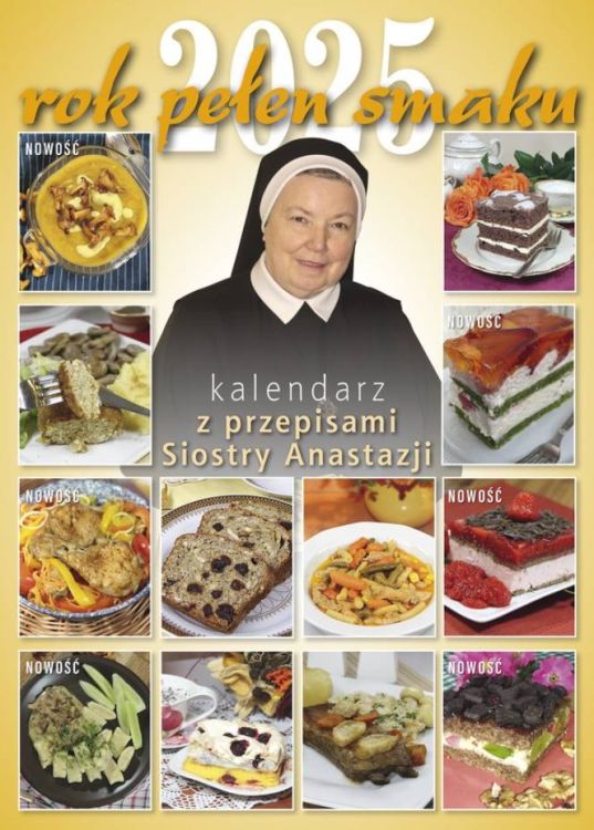 Kalendarz ścienny 2025 wydawnictwa WAM z przepisami Siostry Anastazji, okładka przedstawiająca siostrę zakonną otoczoną zdjęciami różnorodnych potraw