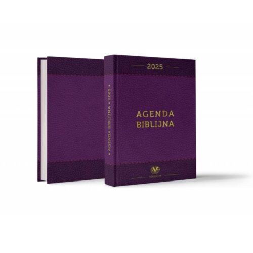 Agenda Biblijna 2025 w formacie A5, twarda oprawa, wydawnictwo Verbinum – elegancka, fioletowa okładka z złotym napisem