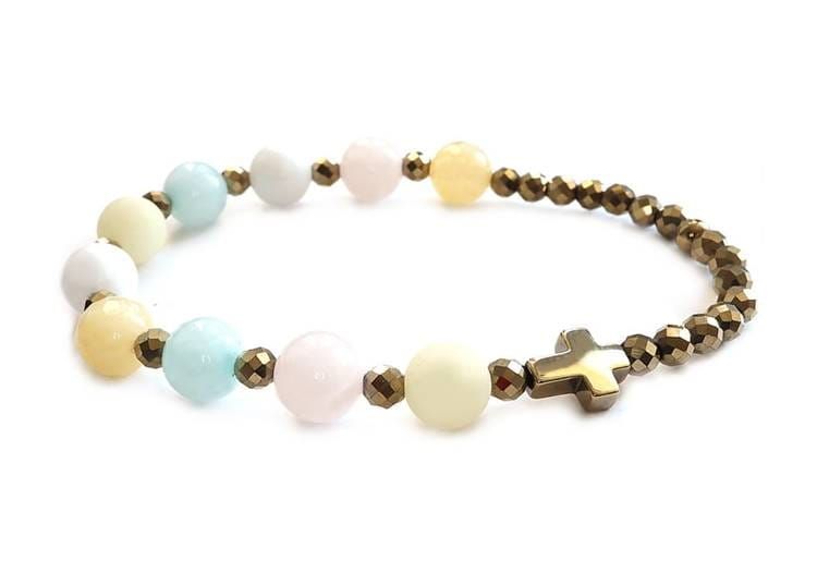 Elegancka bransoletka różańcowa - modlitwa w zasięgu ręki: jadeit, agat mleczny, hematyt złoty 8858 [p19]