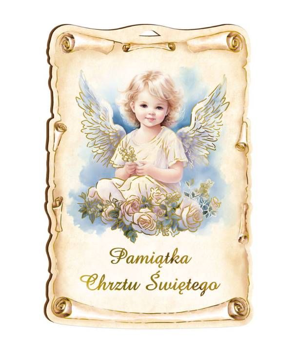 Pamiątka Chrztu Świętego - złocony obrazek Anioła Stróża na desce sklep pomoce duszpasterskie