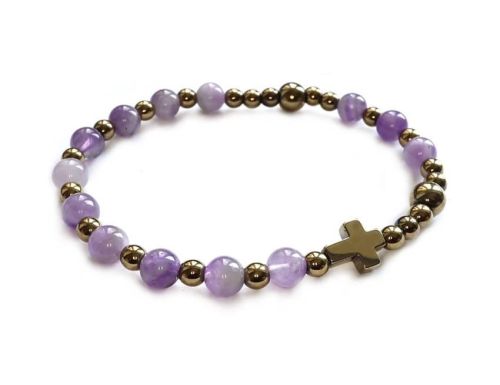 Bransoletka różaniec na rękę damski z ametystu i złotego hematytu z krzyżem, elegancki różaniec na rękę dla kobiet