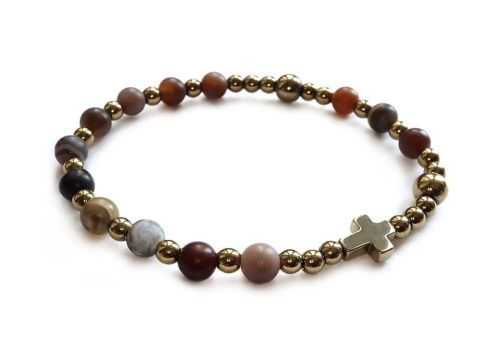 Różaniec na rękę damski - agat kawowy w złocie 8876 [P21]