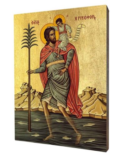 Ikona św. Krzysztofa - patron kierowców i podróżujących, trzymający Dzieciątko Jezus i palmę, brodząc przez wodę