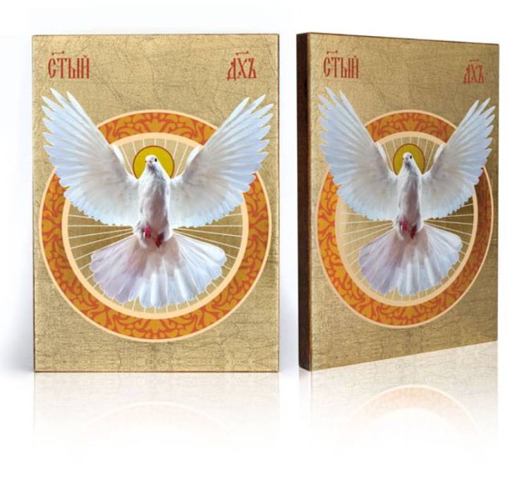 Ikona Ducha Świętego - biała gołębica na złotym tle, symbol Trzeciej Osoby Trójcy Świętej, ręcznie złocona deska