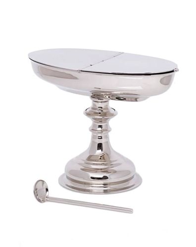 Mosiężna łódka na kadzidło z pokrywą i łyżeczką, wysokość 13 cm, na ozdobnej podstawie