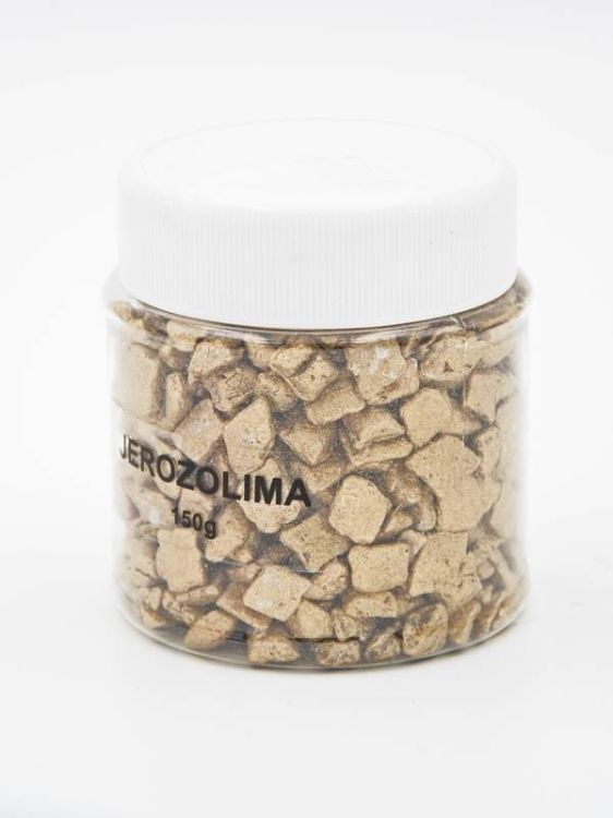 Przezroczysty pojemnik z kadzidłem greckim JEROZOLIMA 150g, wypełniony złotymi, nieregularnymi kostkami kadzidła