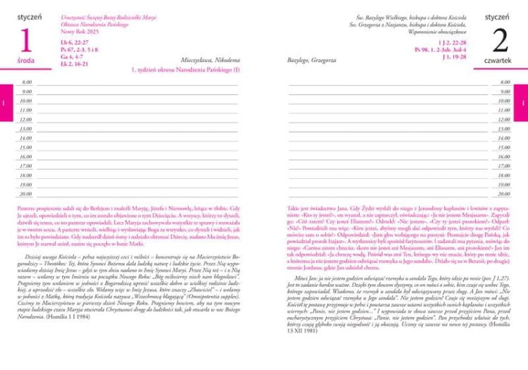 Wnętrze "Terminarza i Agendy Biblijnej AD 2025" z wizerunkiem św. Jana Pawła II - praktyczna pomoc na Rok Jubileuszowy