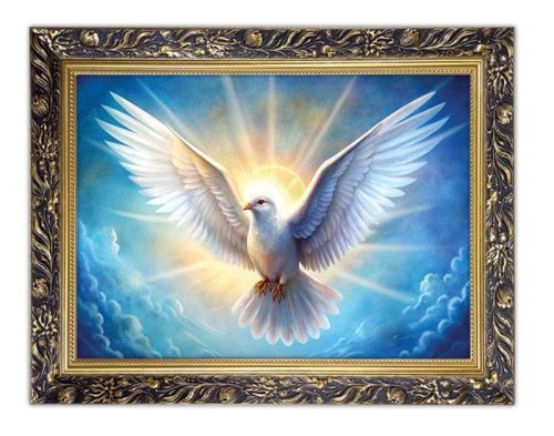 Obraz Ducha Świętego jako białej gołębicy w locie, otoczonej złotą aureolą, w ozdobnej złotej ramie - symbol bierzmowania i łaski Bożej