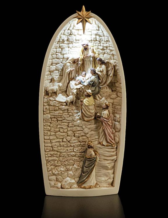 Podświetlana szopka betlejemska LED z figurkami Świętej Rodziny w stajence, wysokość 21,5 cm