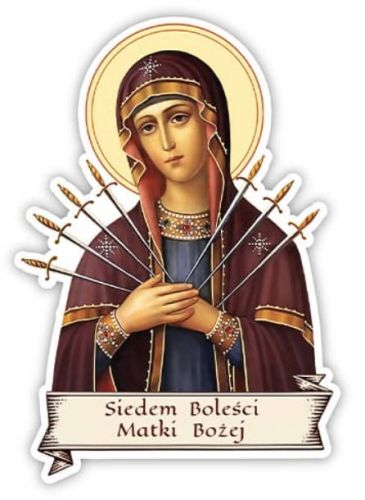 Naklejka przedstawiająca Matkę Bożą Siedmiu Boleści z siedmioma mieczami boleści