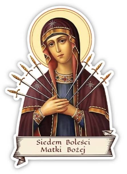 Naklejka przedstawiająca Matkę Bożą Siedmiu Boleści z siedmioma mieczami boleści