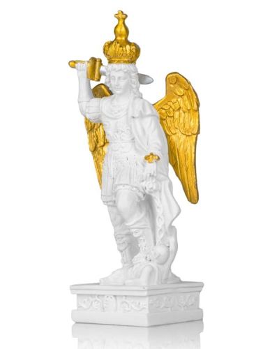 Figurka św. Michała Archanioła z Gargano, 13,5 cm, biało-złota, widok z przodu