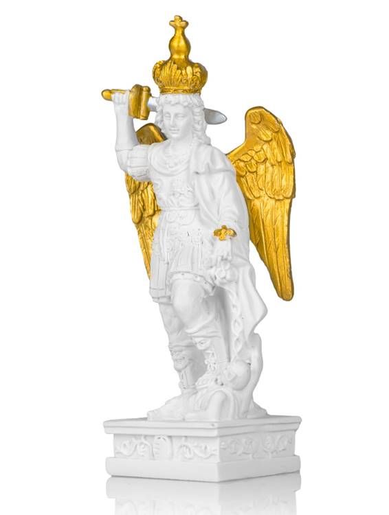 Figurka św. Michała Archanioła z Gargano, 13,5 cm, biało-złota, widok z przodu