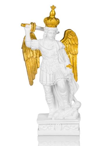 "Figurka św. Michała Archanioła 30 cm, widok frontalny, biało-złote wykończenie