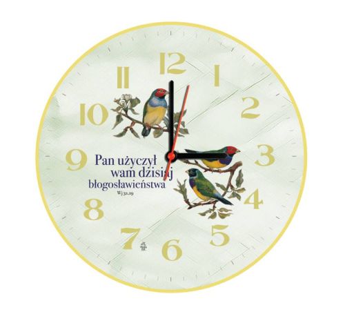 Drewniany zegar ścienny z inspirującym cytatem biblijnym i motywem ptaków na gałęziach upominki religijne
