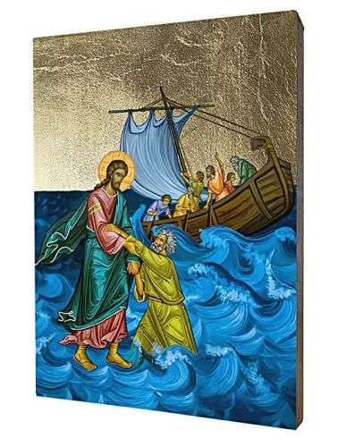 Ikona Jezus kroczący po wodzie - tradycyjna scena biblijna na złotym tle, ręcznie złocona na desce lipowej | sklep ikony chrześcijańskie - prawosławne