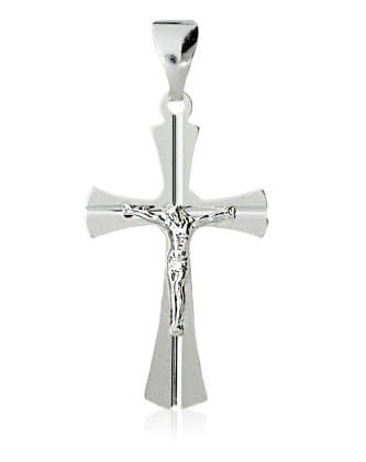 Srebrny krzyżyk diamentowany pr. 925 z wizerunkiem Chrystusa, powierzchnia błyszcząca, ramiona rozszerzane