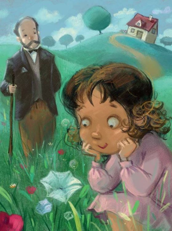 Święta Teresa z Lisieux spacerująca z tatą po ogrodzie - ilustracja dla dzieci z książki Dzieje duszy | Flos Carmeli