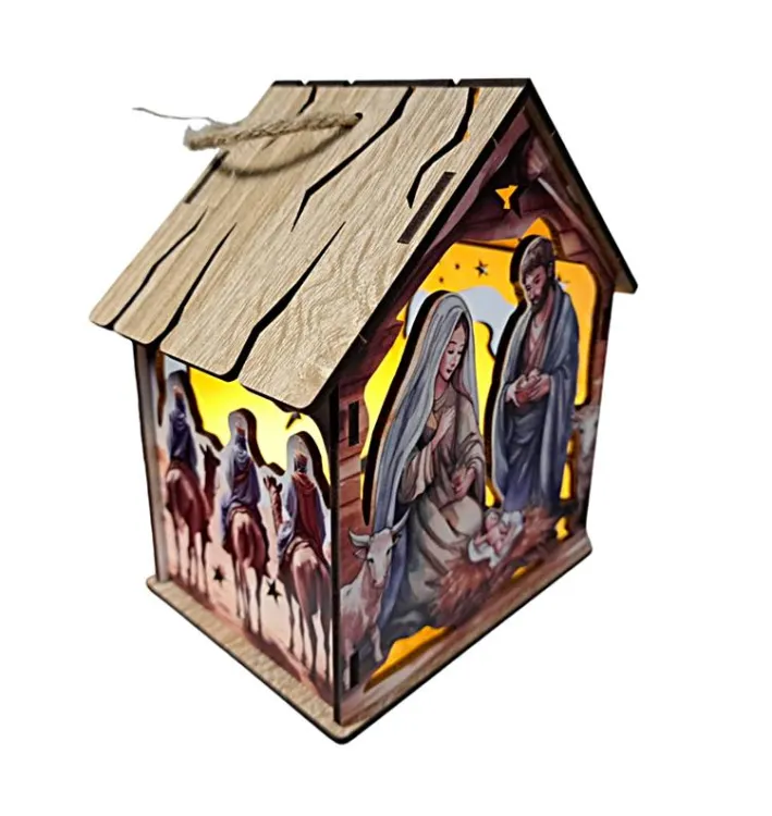 Drewniany lampion adwentowy LED z podświetlaną sceną Bożego Narodzenia i Trzema Królami | sklep chrześcijański