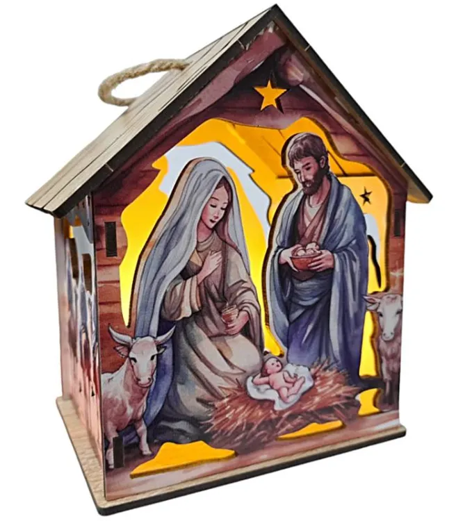 Drewniany lampion adwentowy LED z podświetlaną sceną Bożego Narodzenia i Trzema Królami | sklep chrześcijański
