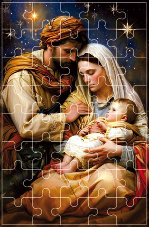 Puzzle religijne Święta Rodzina - artystyczne przedstawienie Maryi, Józefa i Dzieciątka Jezus na tle rozgwieżdżonego nieba, 40 elementów