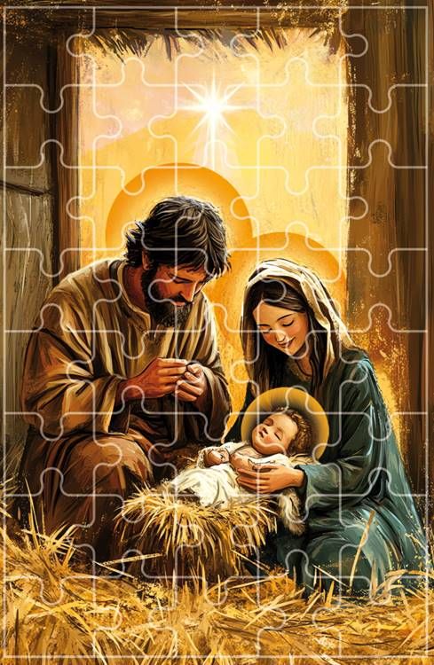 Puzzle religijne Szopka Betlejemska - nastrojowa scena Narodzenia Pańskiego w stajence, Święta Rodzina przy żłóbku, 40 elementów | sklep dewocjonalia