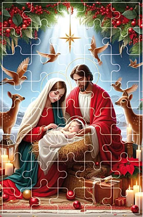 Puzzle religijne Święta Noc - mistyczna scena Bożego Narodzenia z promienistą aureolą Dzieciątka i złotą gwiazdą, 40 elementów