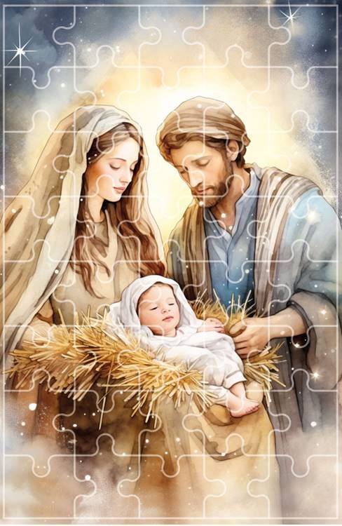Puzzle religijne przedstawiające Świętą Rodzinę - Maryję i Józefa pochylonych nad Dzieciątkiem Jezus w żłóbku, otoczonych ciepłą, złotą poświatą