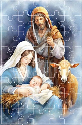 Puzzle przedstawiające Świętą Rodzinę w stajence - Maryja w błękitnej szacie tuli Dzieciątko, obok czuwa św. Józef, a całości dopełnia wół patrzący na scenę