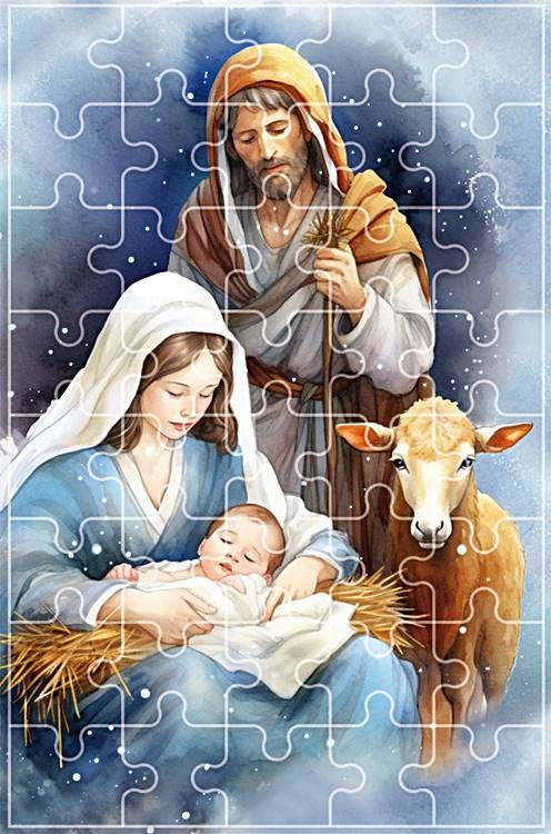 Puzzle przedstawiające Świętą Rodzinę w stajence - Maryja w błękitnej szacie tuli Dzieciątko, obok czuwa św. Józef, a całości dopełnia wół patrzący na scenę