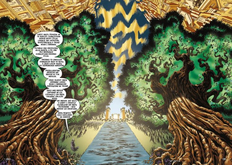 "Wizja Nowego Jeruzalem w komiksie Apokalipsa - mistyczna scena z drzewami życia i złotą ścieżką prowadzącą do miasta"