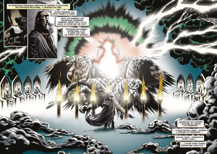 "Siedem złotych świeczników i postać Chrystusa w chwale - dramatyczna scena z komiksu Apokalipsa"