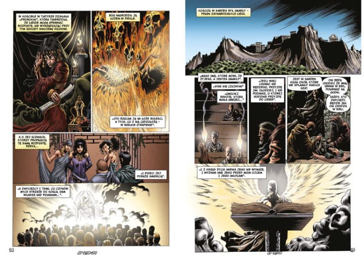 "Wizje św. Jana i otwarta księga proroctw - dynamiczna kompozycja z komiksu o Apokalipsie"