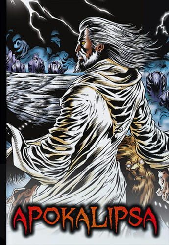 "Okładka komiksu Apokalipsa - św. Jan w białej szacie na tle burzowego nieba, adaptacja Księgi Objawienia"