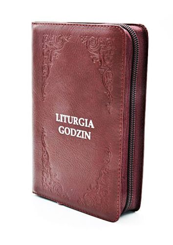 Liturgia Godzin skrócona w burgundowym skórzanym etui premium z ozdobnym tłoczeniem i zamkiem błyskawicznym