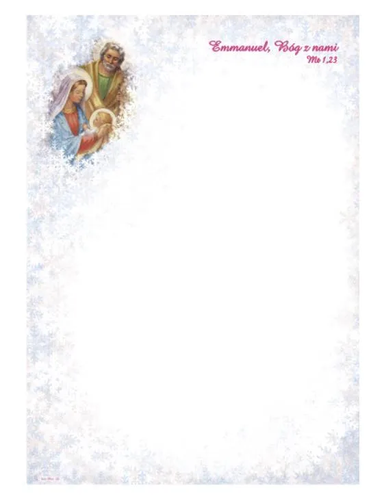 Świąteczna papeteria A4 z delikatnym wizerunkiem Świętej Rodziny w zimowej poświacie i różowym napisem "Emmanuel, Bóg z nami" | sklep chrześcijański e-religijne.pl