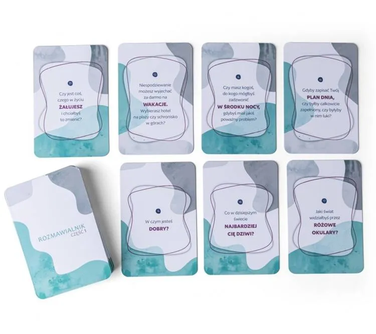 Rozmawialnik - zestaw 40 kart z pytaniami w eleganckim turkusowo-szarym pudełku, narzędzie do budowania głębszych relacji międzyludzkich